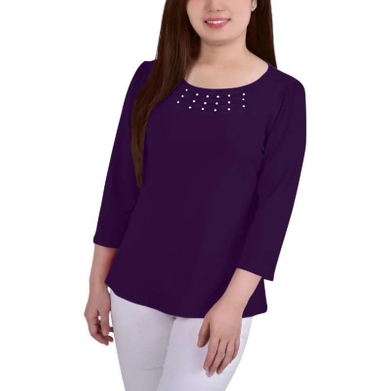 Women's Pink Button-up Shirts -NY Collection Womens Petites Crepe Mesh Inset Blouse