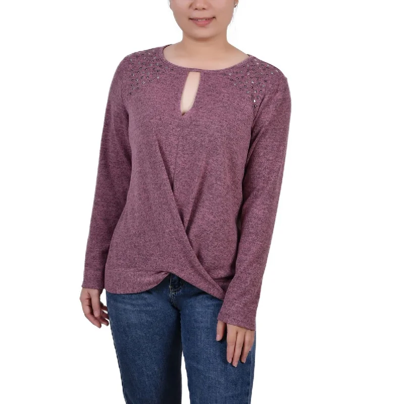 Women's Frill Collar Shirts -NY Collection Womens Petites Embellished Knit Blouse