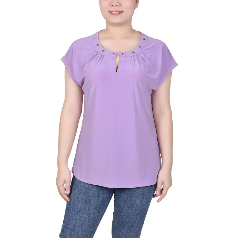 Women's Polka Dot Button-up Shirts -NY Collection Womens Petites Grommet Key Hole Blouse Women's Polka Dot Button-up Shirts -NY Collection Womens Petites Grommet Key Hole Blouse