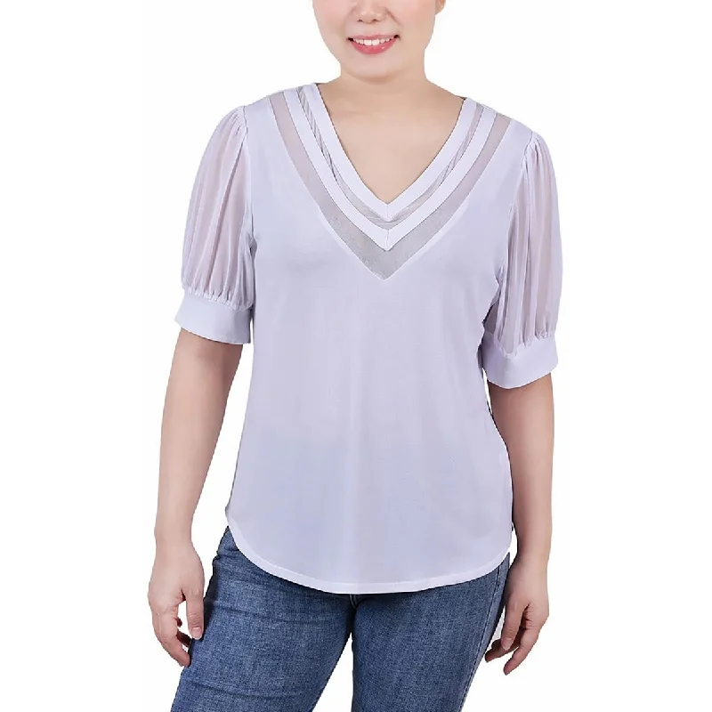Women's Plaid Sleeve Shirts -NY Collection Womens Petites Mesh Inset V-Neck Blouse