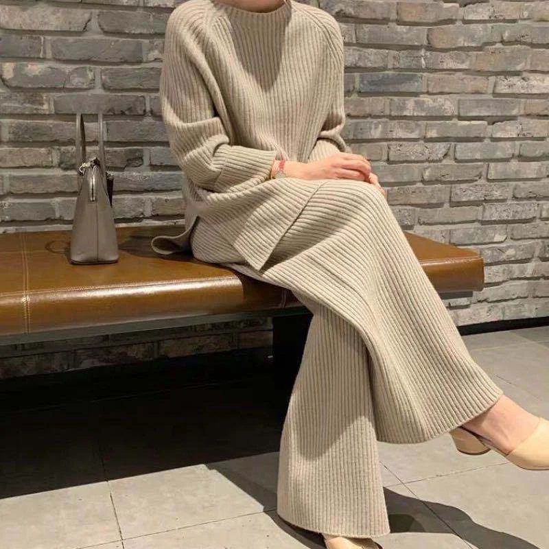 Women's Sweater Set for Layering -Plus size women's European and American fashion knitted suit women's autumn and winter new temperament loose sweater wide-leg pants two-piece set for women Women's Sweater Set for Layering -Plus size women's European and American fashion knitted suit women's autumn and winter new temperament loose sweater wide-leg pants two-piece set for women