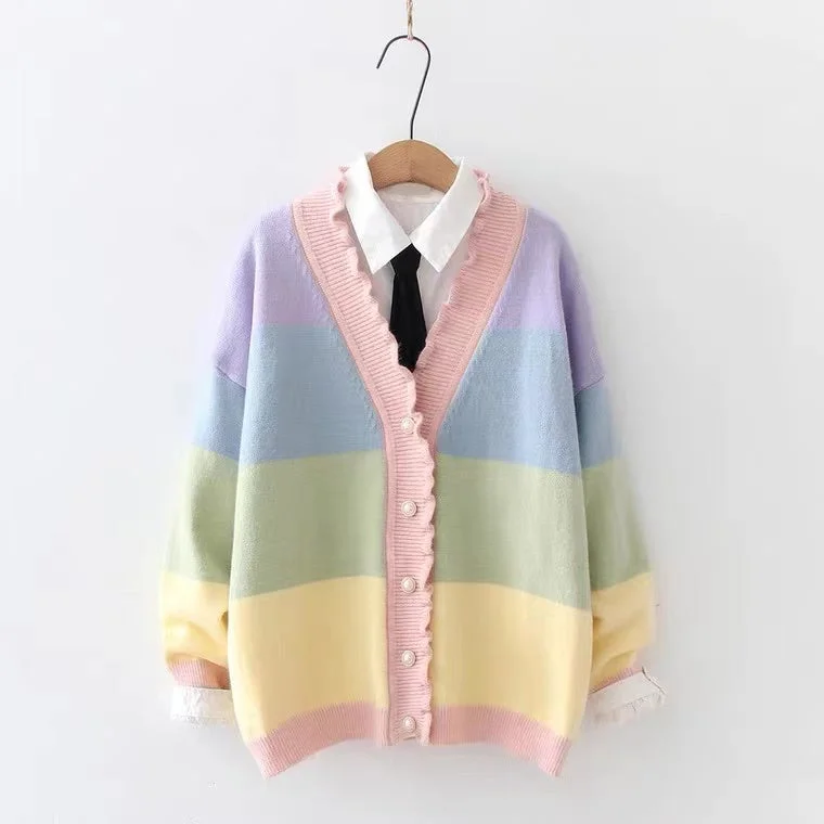 Women's Blazers with a Bolder Look -Rainbow, Stripe, Wavy Agaric Lace V-neck Sweater, Blazer Cardigan    S4364