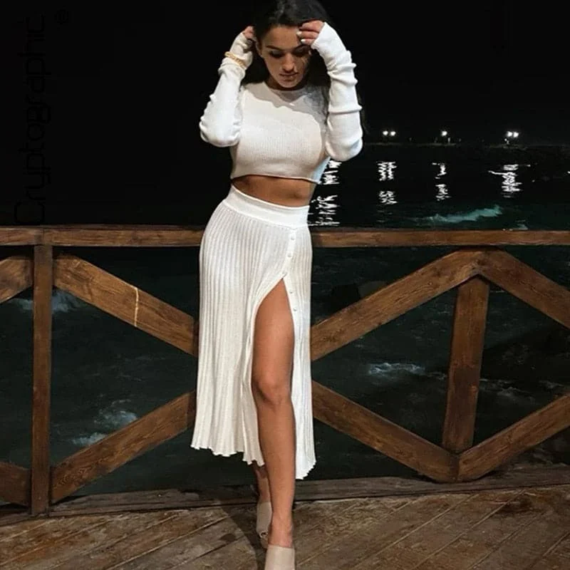 Women's Sweater Set with Shimmery Finish -DressBetty - Solid Sexy Sweater Cropped Top Midi Skirt Two Piece Set Women Matching Set Outfits Button Up Split Skirts Winter Women's Sweater Set with Shimmery Finish -DressBetty - Solid Sexy Sweater Cropped Top Midi Skirt Two Piece Set Women Matching Set Outfits Button Up Split Skirts Winter
