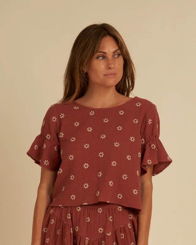 Women's Feathered Sleeve Shirts -The Francie Blouse by Rylee + Cru - Embroidered Daisy Women's Feathered Sleeve Shirts -The Francie Blouse by Rylee + Cru - Embroidered Daisy