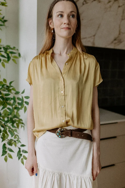 Women's Peplum Sleeve Shirts -The Imala Short Sleeve Fluid Blouse - Yellow