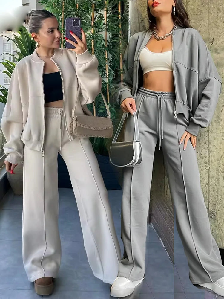 Women's Sweater Set for Cozy Comfort -TRAFZA 2024 Autumn Women's Thick Hoodie Coat + Drawstring High Waist Loose Casual Pants Set Lined Fleece Woman's Clothing Street Women's Sweater Set for Cozy Comfort -TRAFZA 2024 Autumn Women's Thick Hoodie Coat + Drawstring High Waist Loose Casual Pants Set Lined Fleece Woman's Clothing Street