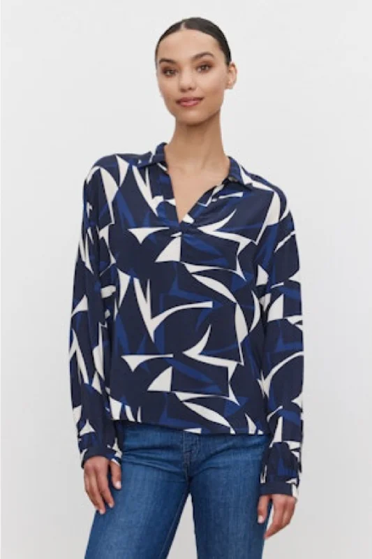 Women's Twist Front Blouses -Velvet by Graham & Spencer Carah 06 Printed Blouse | Navy/Ecru Women's Twist Front Blouses -Velvet by Graham & Spencer Carah 06 Printed Blouse | Navy/Ecru