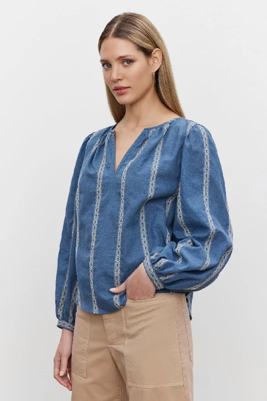 Women's Over-sized Sleeve Shirts -Velvet by Graham & Spencer Raylee 06 Striped Blouse | Blue Women's Over-sized Sleeve Shirts -Velvet by Graham & Spencer Raylee 06 Striped Blouse | Blue