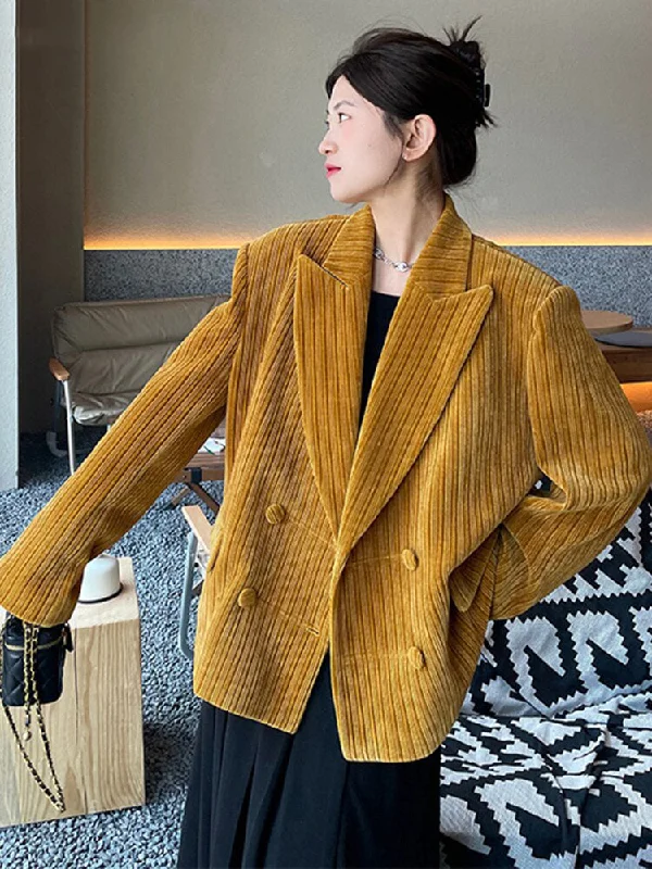 Women's Plus Size Tweed Blazers -Women Yellow Velvet Big Size Casual Blazer New Lapel Long Sleeve Loose Fit Jacket Fashion Trend Spring Autumn
