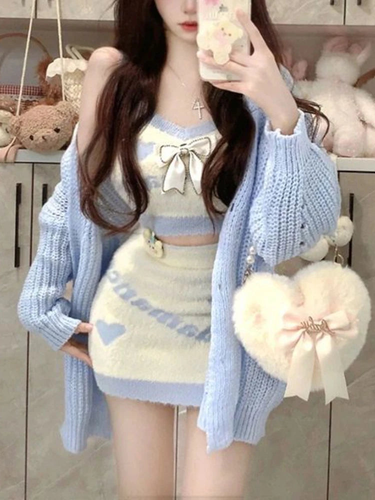 Women's Sweater Set with High Waisted Pants -Znbbw Kawaii Knitted Three Piece Set Women Bow Warm Sweater Mini Skirt Suit Female Casual Korean Fashion Y2k Sweet Set 2024 Women's Sweater Set with High Waisted Pants -Znbbw Kawaii Knitted Three Piece Set Women Bow Warm Sweater Mini Skirt Suit Female Casual Korean Fashion Y2k Sweet Set 2024