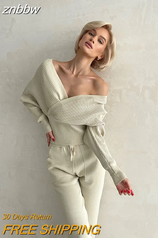 Women's Sweater Set with Drawstring Pants -znbbw New Sexy Off Shoulder Knitted Two Piece Set Women Long Sleeve Sport Tracksuit 2 Piece Sweater Pants Suits Matching Sets Women's Sweater Set with Drawstring Pants -znbbw New Sexy Off Shoulder Knitted Two Piece Set Women Long Sleeve Sport Tracksuit 2 Piece Sweater Pants Suits Matching Sets