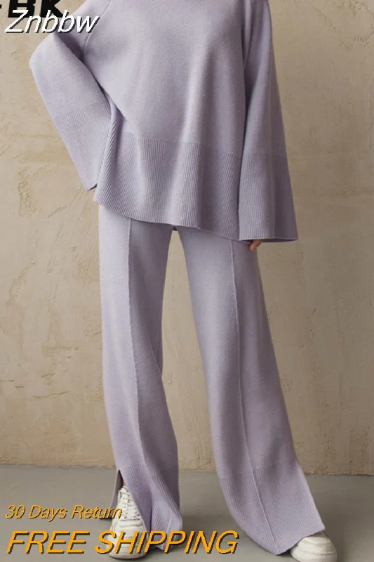 Women's Sweater Set with Color Block Design -Znbbw Sweater 2 Piece Set Women 2023 Winter Side Slit Long Sleeve Top with Wide Leg Pants Knitting Trousers Suit Solid Outfits Women's Sweater Set with Color Block Design -Znbbw Sweater 2 Piece Set Women 2023 Winter Side Slit Long Sleeve Top with Wide Leg Pants Knitting Trousers Suit Solid Outfits