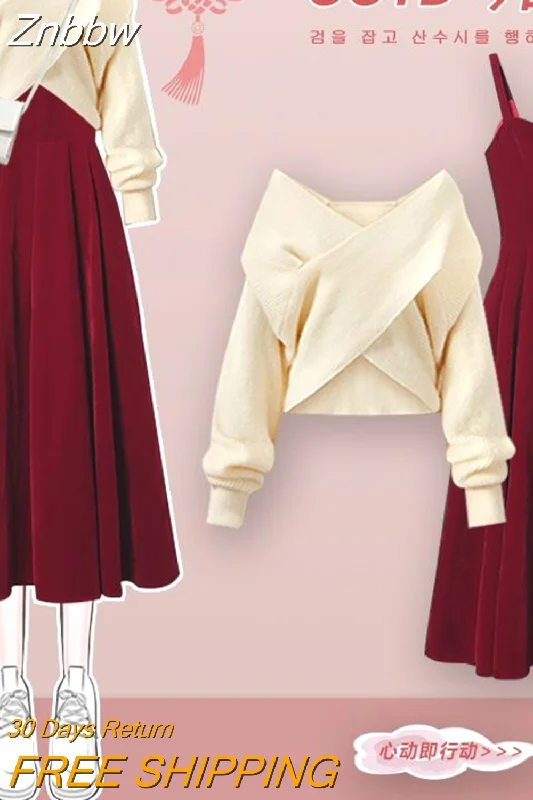 Women's Sweater Set with Long Sleeves -Znbbw Women's 2023 Autumn Winter New Fashion V-Neck Knitted Sweater Dress Two Piece Korean Elegant Matching Set Female Suit Women's Sweater Set with Long Sleeves -Znbbw Women's 2023 Autumn Winter New Fashion V-Neck Knitted Sweater Dress Two Piece Korean Elegant Matching Set Female Suit