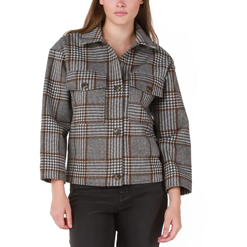 Women's Flannel Blazers -Black Tape_ Womens Plaid Pocket Two-Button Blazer