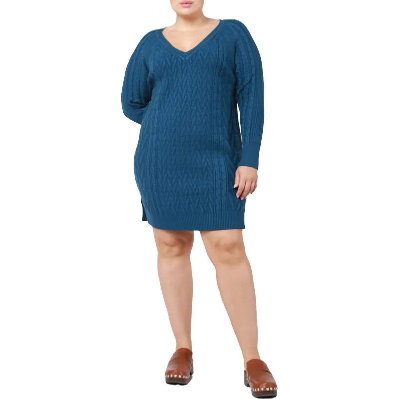 Casual Women's Sweaterdress with Ribbed Knit -Black Tape_ Womens Plus Cable-Knit Long sleeves Sweaterdress