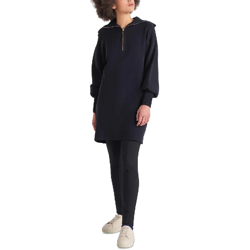 Women's Sweaterdress with Keyhole Back -Black Tape_ Womens Zip Neck Mini Sweaterdress