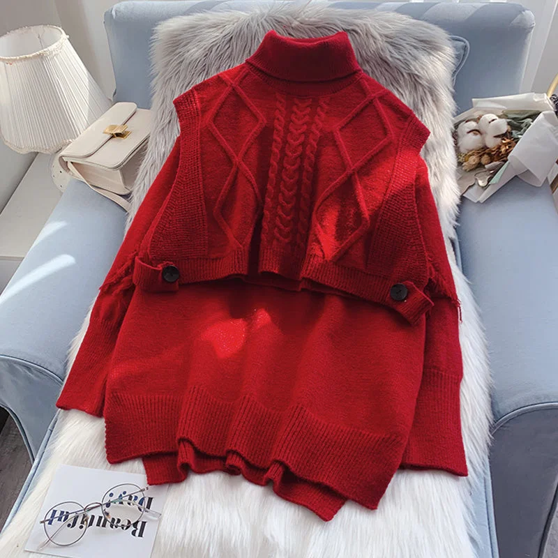 Women's Sweater Set with Slouchy Fit -Folding high necked sweater suit two-piece set 4958 Women's Sweater Set with Slouchy Fit -Folding high necked sweater suit two-piece set 4958