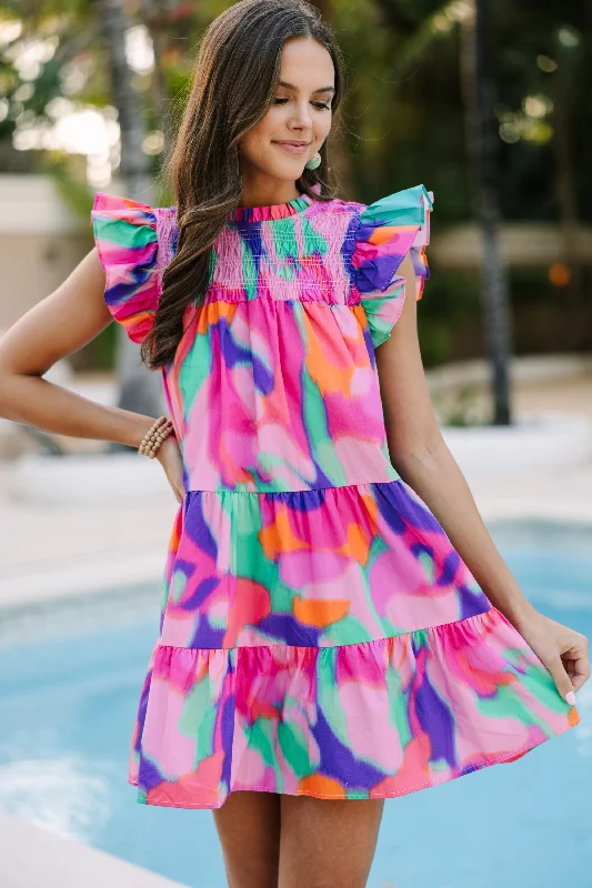 Doll Dress with Flare Skirt -Can't Stop Pink Abstract Babydoll Dress
