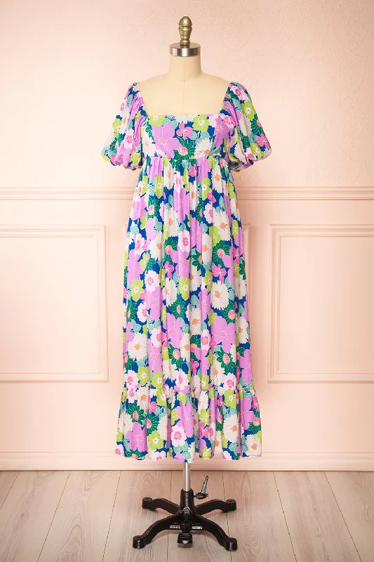 Doll Dress with Metallic Detail -Cornelia | Colourful Floral Midi Babydoll Dress