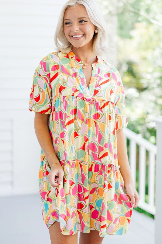 Doll Dress for Fall -Fully Convinced Pink Abstract Babydoll Dress