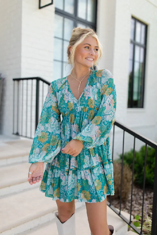 Doll Dress with Embroidered Details -Here We Are Teal Multi Printed Babydoll Dress