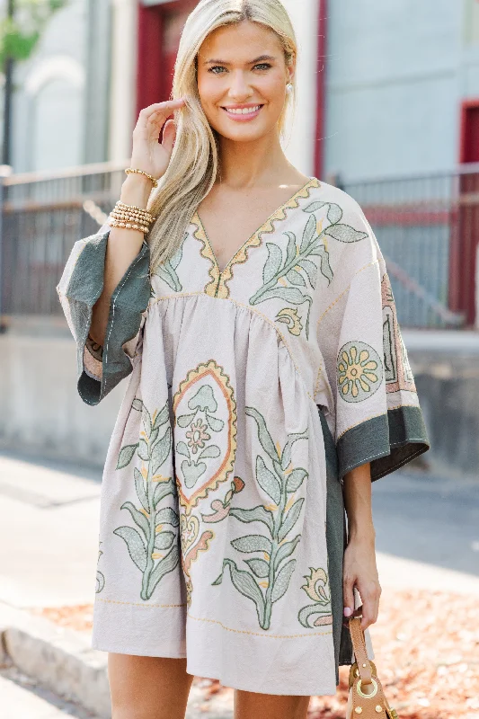 Doll Dress with Waist Tie -Just My Type Beige Floral Embroidery Babydoll Dress