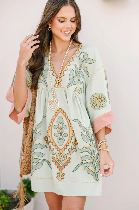 Doll Dress with Ruffles -Just My Type Mint Green Floral Embroidery Babydoll Dress