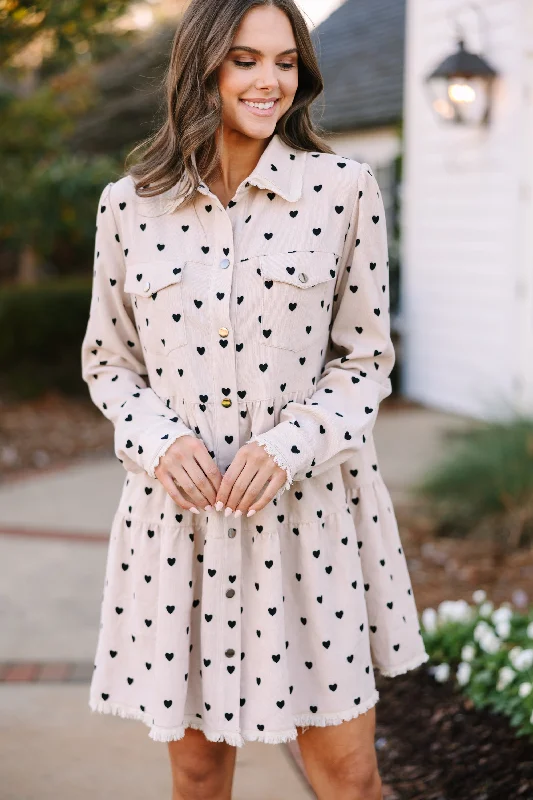 Doll Dress with Flowers -Just So You Oatmeal Brown Heart Print Babydoll Dress