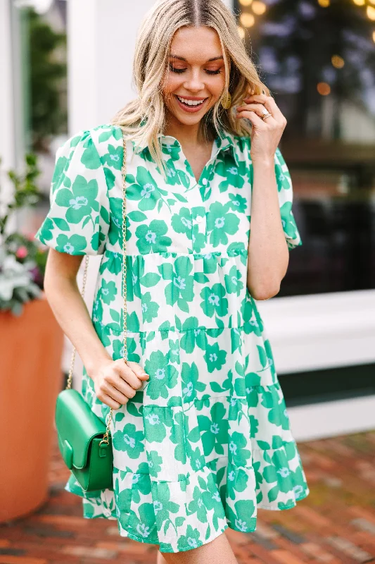 Doll Dress with Satin Finish -Look Where You Are Kelly Green Floral Babydoll Dress