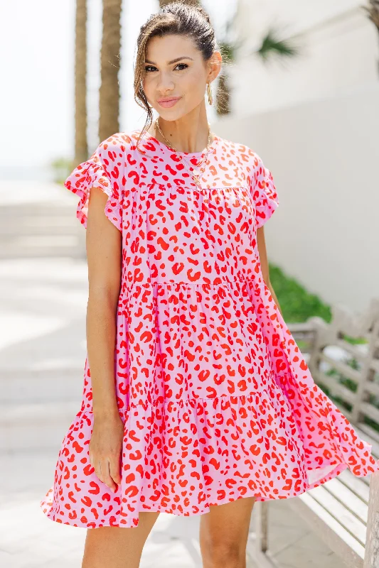 Doll Dress with Lace Sleeves -Loose My Breath Fuchsia Pink Leopard Babydoll Dress