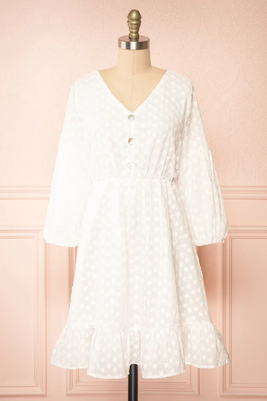Doll Dress with Skater Skirt -Meeshell | White Babydoll Dress w/ Floral Embroidery