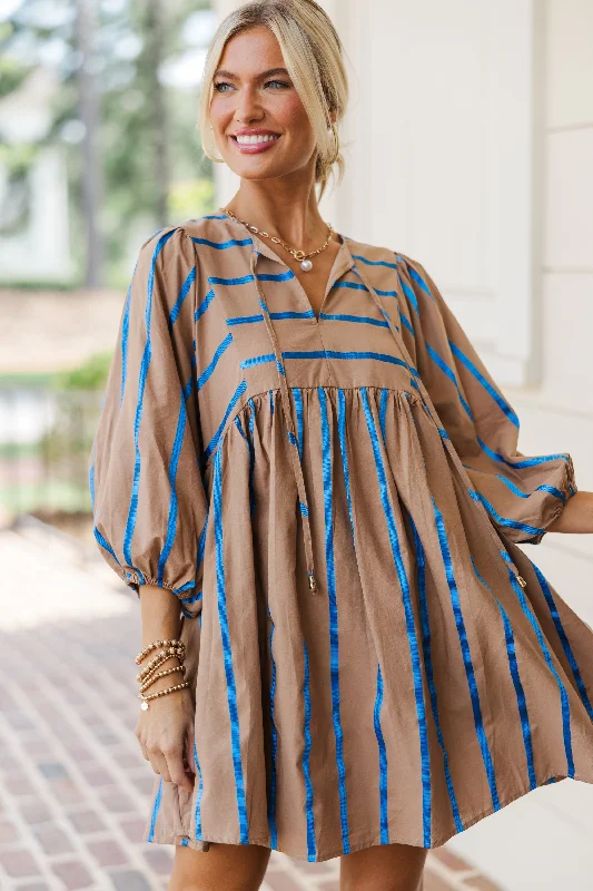 Doll Dress with Scoop Neck -On My Heart Mocha Brown Striped Babydoll Dress
