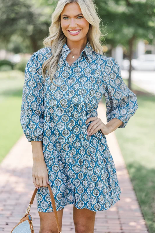 Doll Dress with Fur Detail -On Your Way Teal Blue Medallion Babydoll Dress