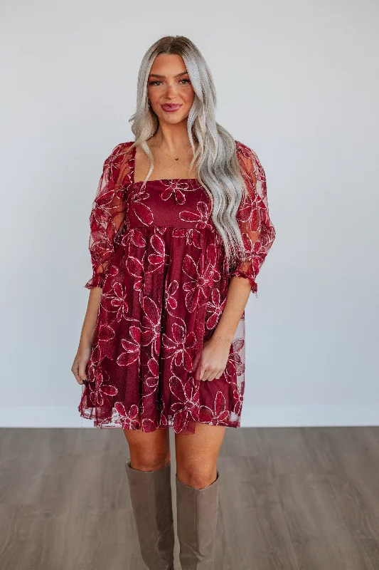 Doll Dress with Lace Accents -Raya Babydoll Dress - Wine