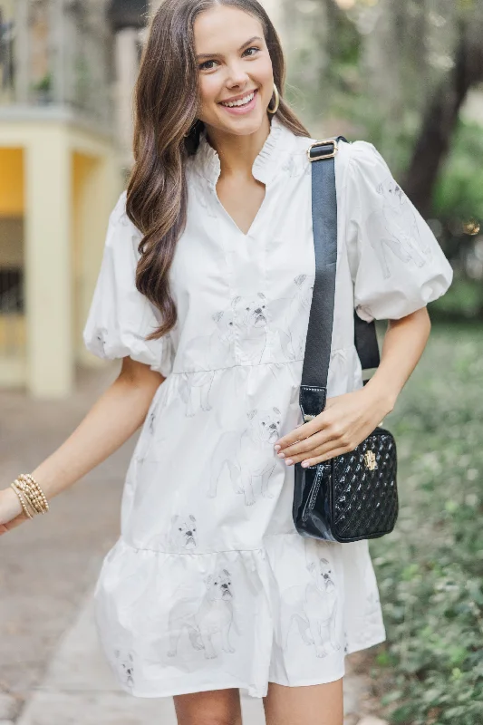 Doll Dress with Satin Belt -Somewhere Out There Cream Bulldog Babydoll Dress
