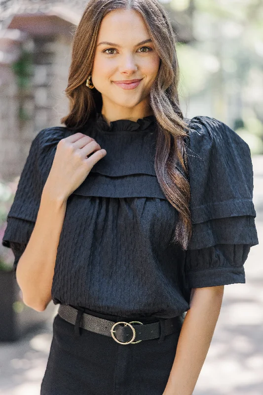 Doll Dress with V-neck -Speak Up Black Textured Babydoll Blouse