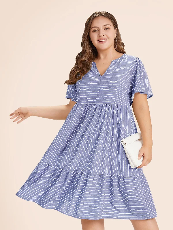 Doll Dress -Striped Patchwork Notched Flutter Layered Babydoll Dress