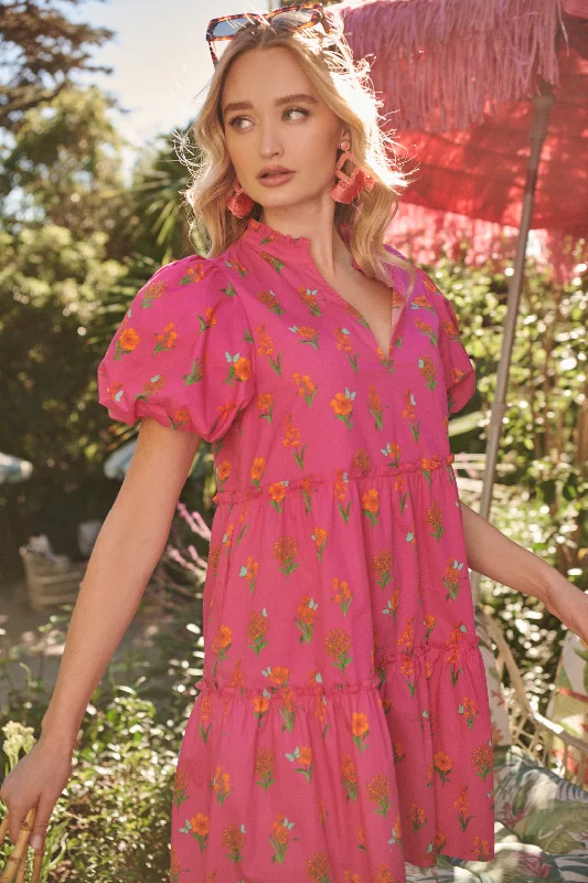 Doll Dress with Long Train -Tune Floral Jeanne Bubble Sleeve Babydoll Dress