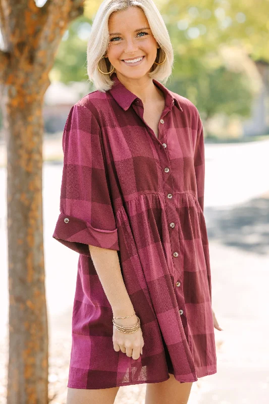Doll Dress with Peter Pan Collar -We're Better Together Burgundy Red Plaid Babydoll Dress