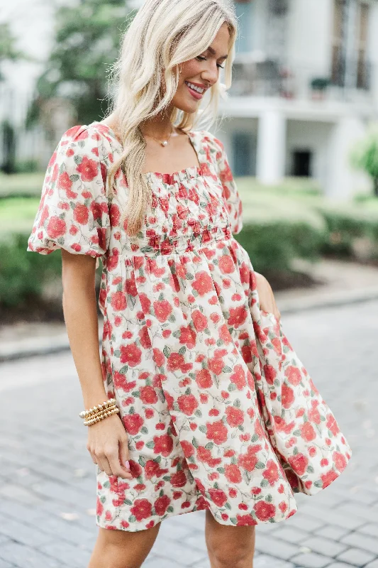 Doll Dress with Glittery Finish -What A Doll Brick Red Floral Babydoll Dress
