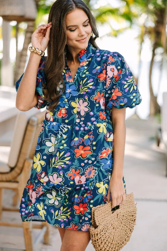 Doll Dress with Pompom Details -When You Know Navy Blue Floral Babydoll Dress