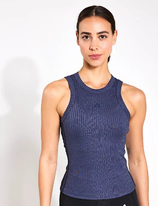Women's Tank Tops with Feminine Style -All Gym Seasonal Rib Tight Fit Tonal 3-Stripes Tank Top - Shadow Navy