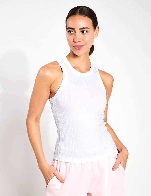 Women's Basic Camis for Easy Layering -All Gym Seasonal Rib Tight Fit Tonal 3-Stripes Tank Top - White