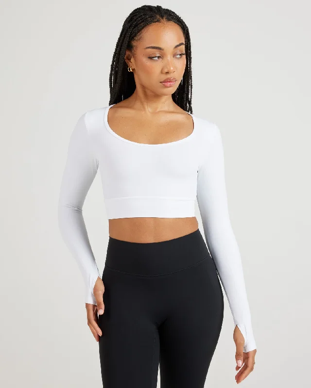 Women's Patterned Long Sleeve T-shirt -Airey Scoop Crop Long Sleeve - White