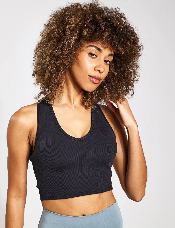 Women's Trendy Camis with Unique Designs -Goddess Ribbed Cropped Racerback Tank - Black