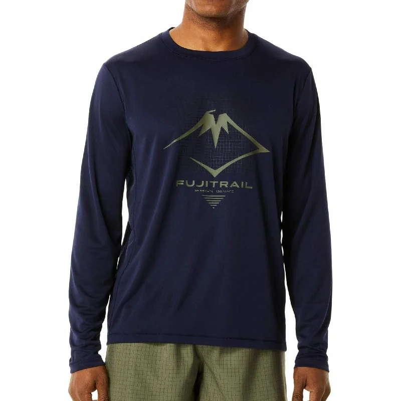 Women's Trendy Long Sleeve T-shirt for Autumn -Asics Fuji Trail Logo Long Sleeve Mens Running Top - Navy