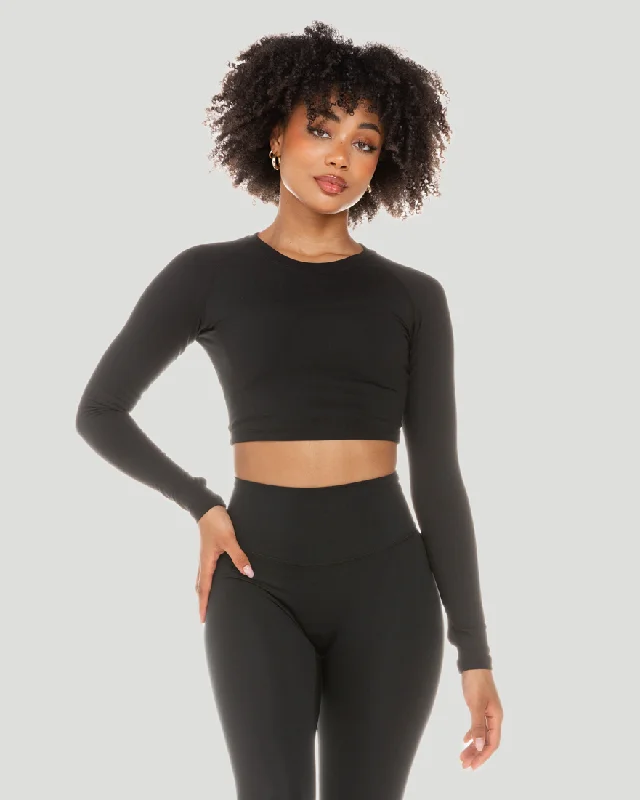 Women's Trendy Long Sleeve Tee -Aura Crop Long Sleeve - Black