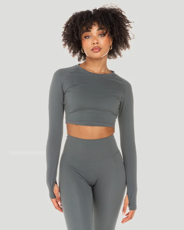 Women's Seamless Long Sleeve Shirt -Aura Crop Long Sleeve - Cloud Grey