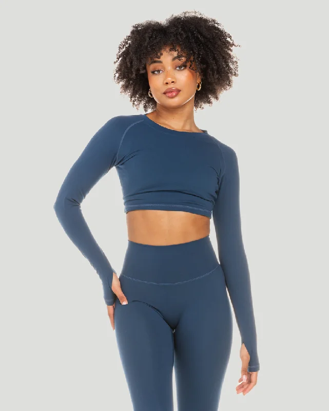 Women's High-quality Cotton Long Sleeve T-shirt -Aura Crop Long Sleeve - Navy