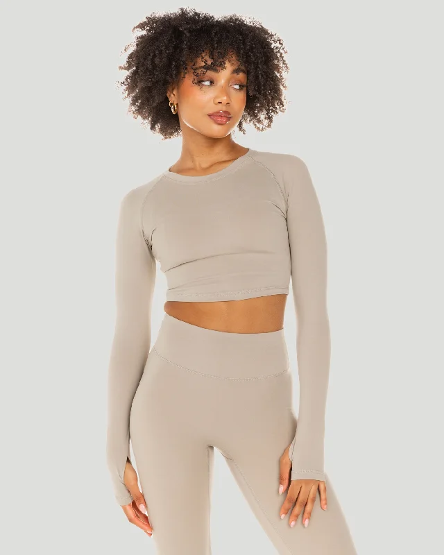 Women's High-neck Long Sleeve T-shirt -Aura Crop Long Sleeve - Vintage Khaki